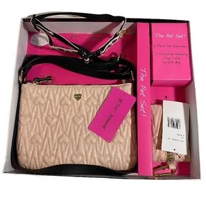 Betsey Johnson Pet Set Pale Pink Heart Crossbody Bag Waste Bag and Dog Collar